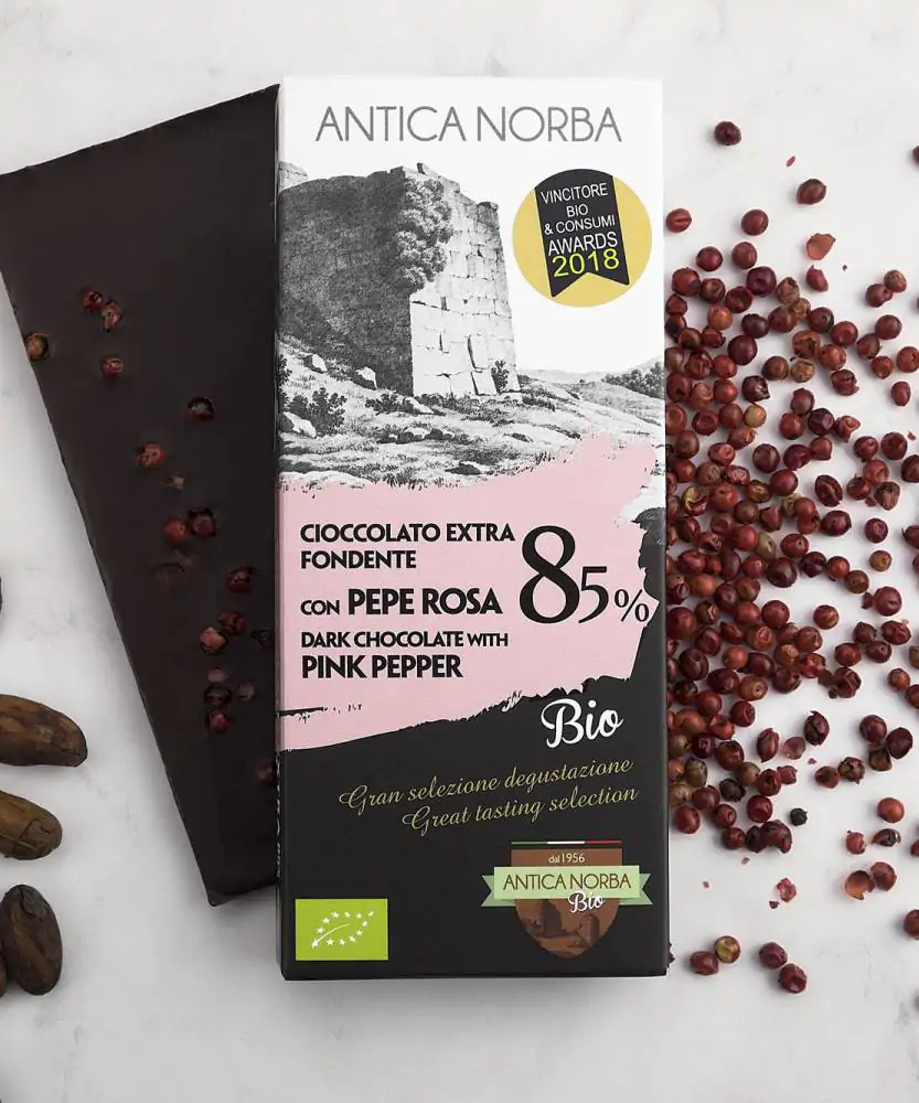 Foto Cioccolato extra fondente 85% con pepe rosa BIO 